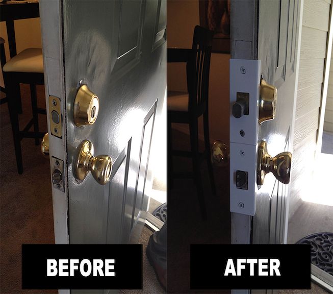 Door jamb repair before and after: splintered strike area, then reinforced with a steel jamb shield