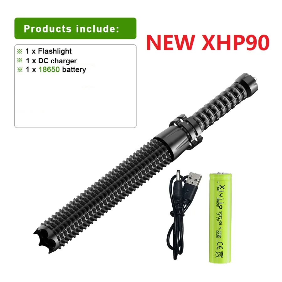 Powerful XHP90 Baseball Bat LED Flashlight Telescopic Zoom Super Bright Self Defense Mace Lights Tactical Baton Emergency Torch
