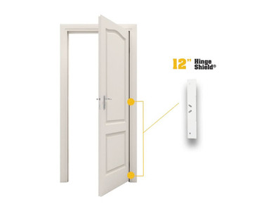 Door Armor Hinge Shields installed over the door hinges